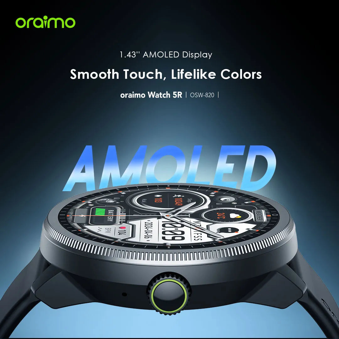 Oraimo Watch 5R (OSW-820) — 1.43″ AMOLED Smartwatch with Bluetooth Calling & IP68 Waterproofing