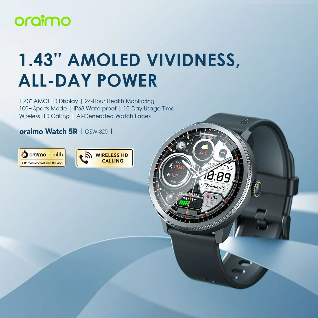 Oraimo Watch 5R (OSW-820) — 1.43″ AMOLED Smartwatch with Bluetooth Calling & IP68 Waterproofing