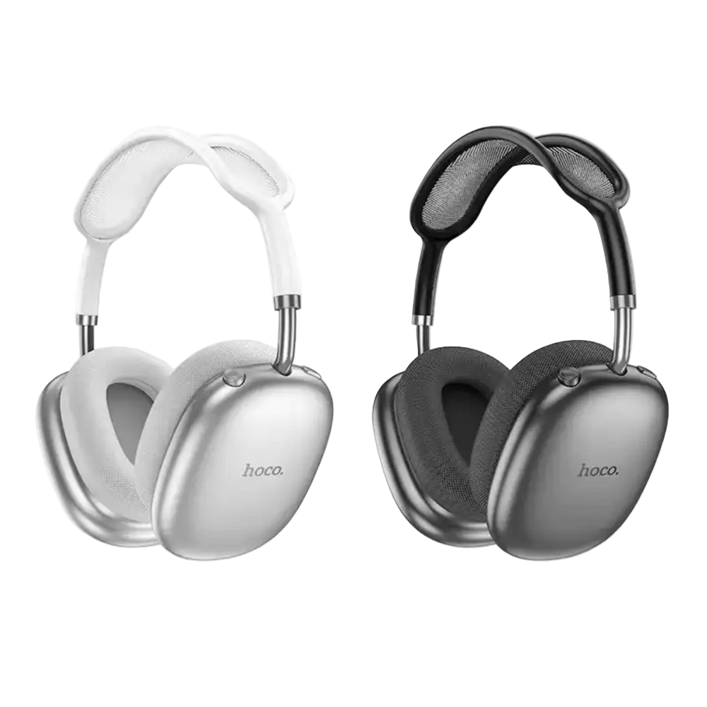 Two pairs of headphones, one white and one black, on a white background with 'hoco' branding.