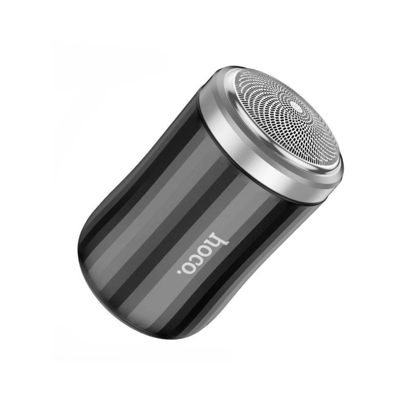 Black cylindrical device with silver top on a white background