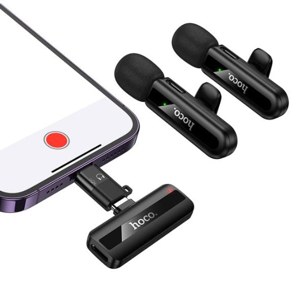 HOCO L20A Fair Dual Wireless Lavalier Microphone – Type-C & Lightning Plug, 2 Mics + Receiver