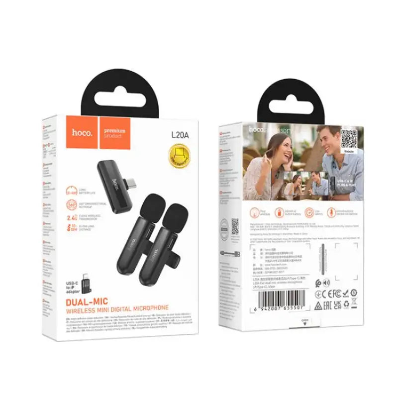 HOCO L20A Fair Dual Wireless Lavalier Microphone – Type-C & Lightning Plug, 2 Mics + Receiver
