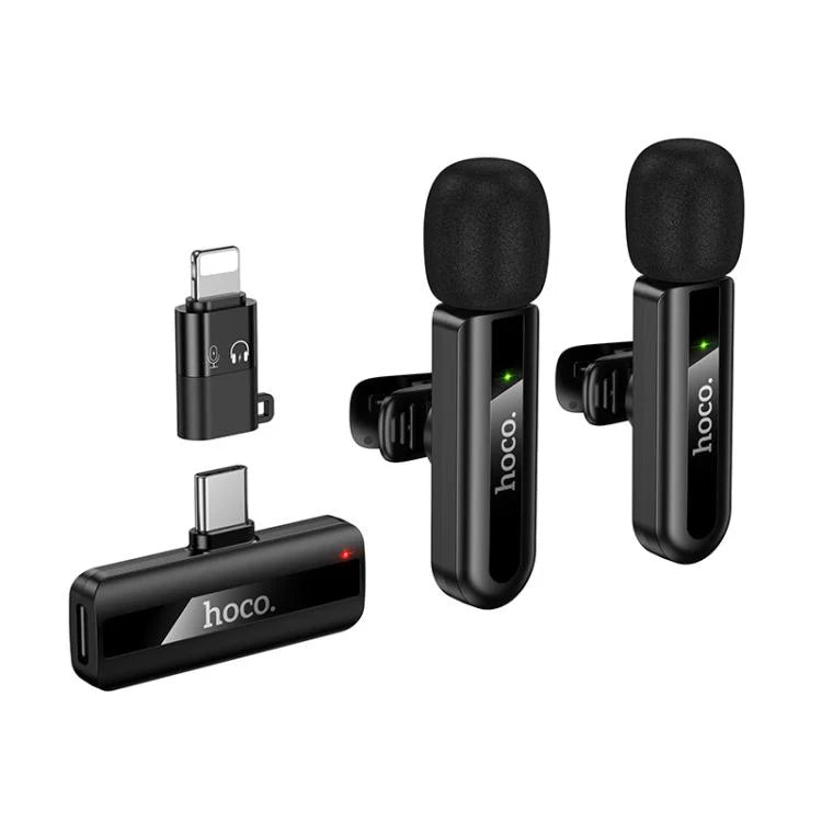 HOCO L20A Fair Dual Wireless Lavalier Microphone – Type-C & Lightning Plug, 2 Mics + Receiver