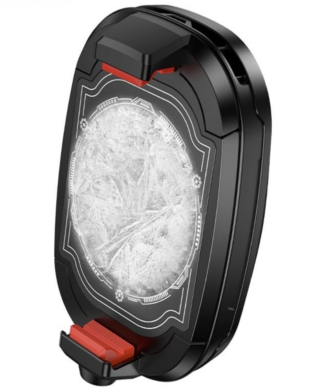 Black and red phone mount with textured surface on a white background