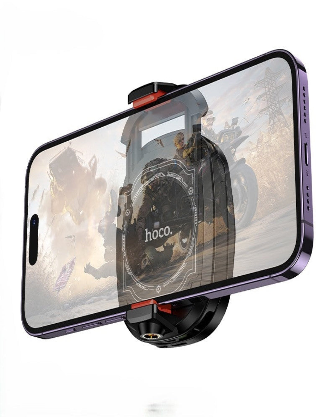 Smartphone with a gaming accessory displaying a motorcycle game on screen, branded 'hoco'.