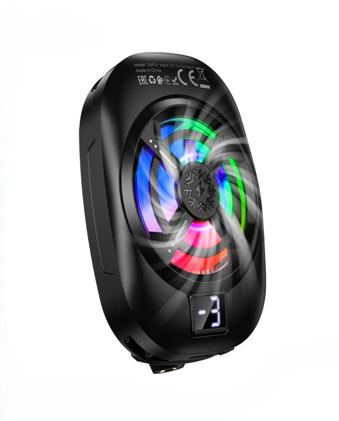 Black portable fan with RGB lighting on a white background