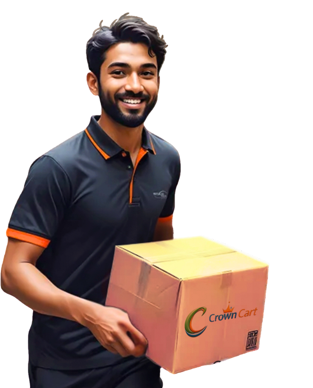 Man holding a cardboard box with Crown Cart logo, promotional text for delivery methods.