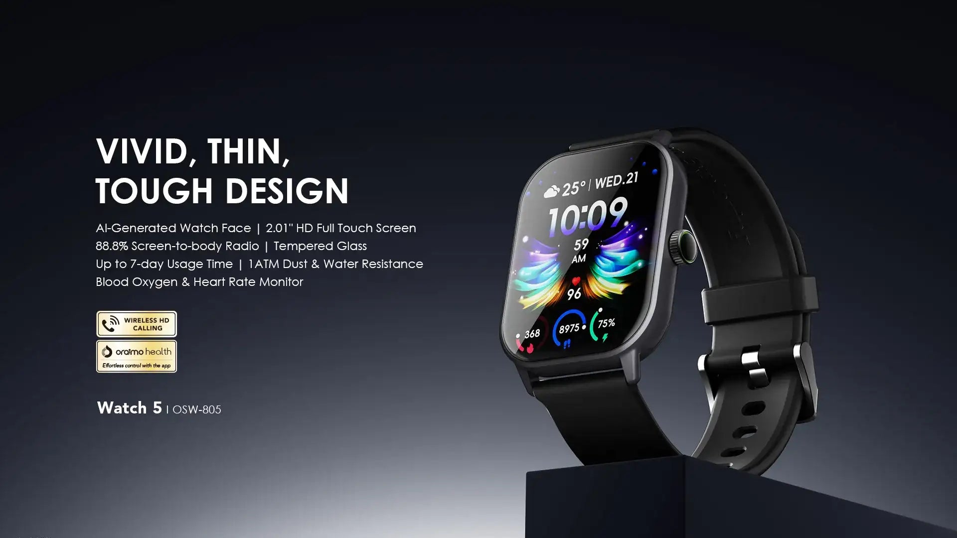 Oraimo Watch 5 (OSW-805) – 2.01″ HD Smartwatch with Bluetooth Calling & AI Watch Faces