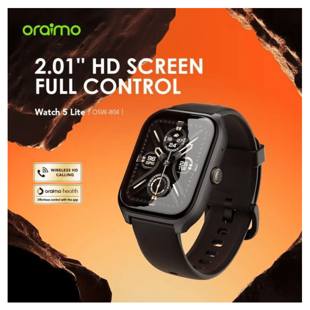 Oraimo Watch 5 Lite (OSW-804) – 2.01″ HD Smartwatch with BT Calling & IP68 Protection (Black)