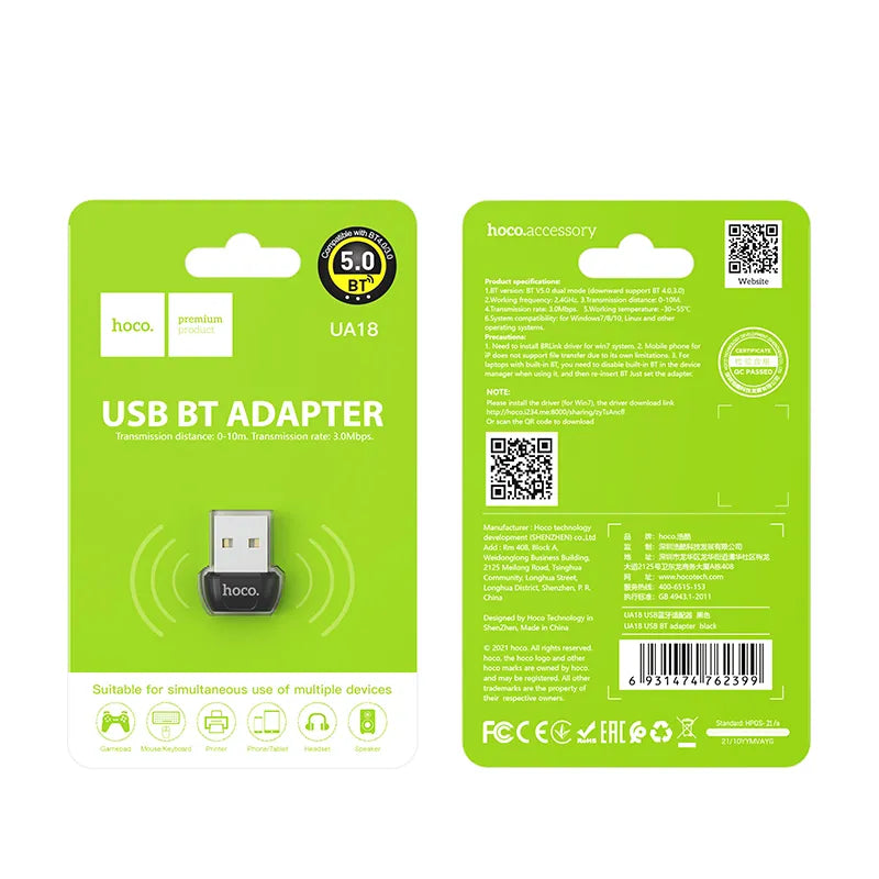 HOCO UA18 Bluetooth 5.0 USB Adapter – Plug-in Wireless Dongle